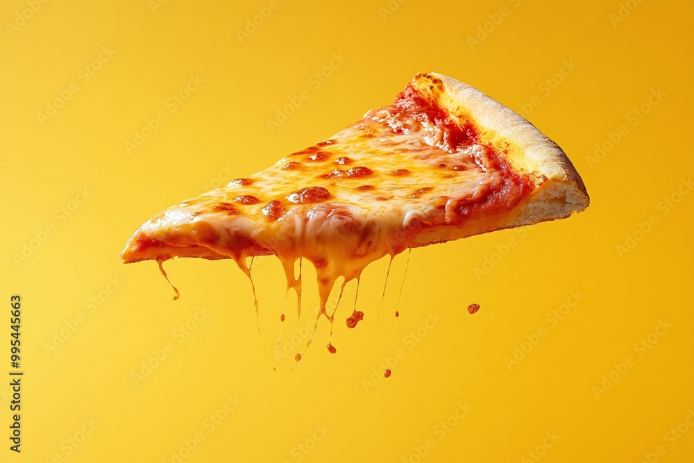 A cheese pizza slice with dripping melted cheese, suspended in mid air on a yellow background A cheese pizza slice with dripping melted cheese, suspended in mid air on a yellow background
