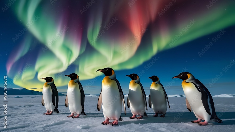 Obraz premium This breathtaking image captures the beauty of penguins standing on the icy landscape, set against the magical backdrop of the Northern Lights.