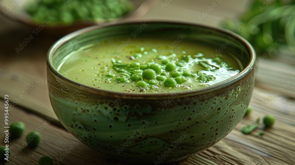 Green pea soup served in a green bowl on a wooden surface Made with yellow peas suitable for vegans Green pea soup served in a green bowl on a wooden surface Made with yellow peas suitable for vegans