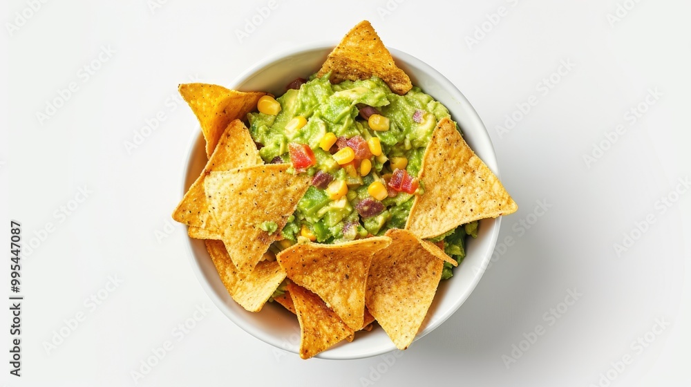 Guacamole with tortilla corn chips in a white bowl White background Top view Guacamole with tortilla corn chips in a white bowl White background Top view