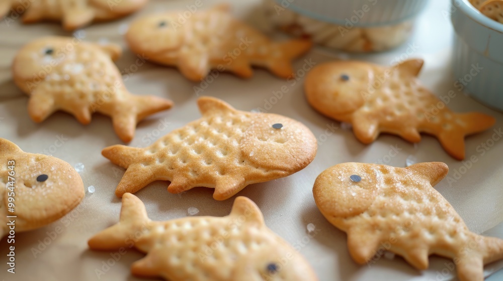 Fish shaped crackers displayed on a table Fish shaped crackers displayed on a table