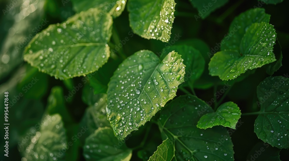 Green morning leaves with dew Green morning leaves with dew