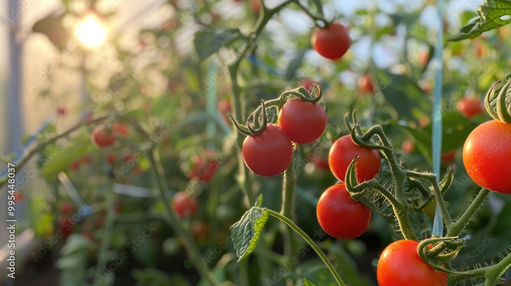 Growing ripe cherry tomato plants in a greenhouse fresh red tomatoes in organic garden Growing ripe cherry tomato plants in a greenhouse fresh red tomatoes in organic garden