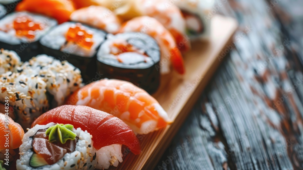 Fresh sushi on wooden table viewed up close Fresh sushi on wooden table viewed up close