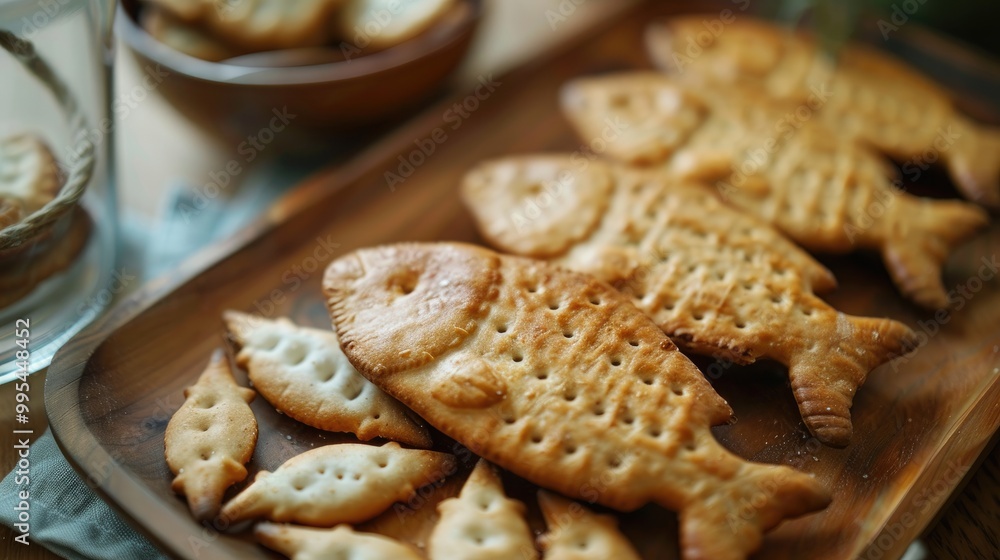 Fish shaped crackers displayed on a table Fish shaped crackers displayed on a table