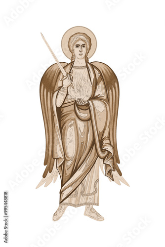 Archangel Uriel. Vintage religious illustration in Byzantine style isolated