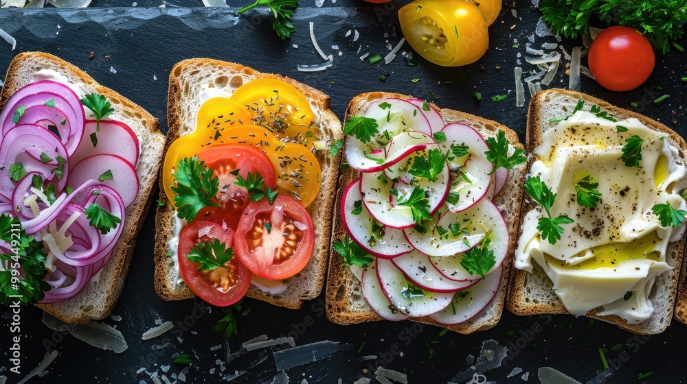 Top view of sandwiches with colorful butter and cheese spread Top view of sandwiches with colorful butter and cheese spread