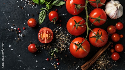 Tomatoes and spices on black background top view