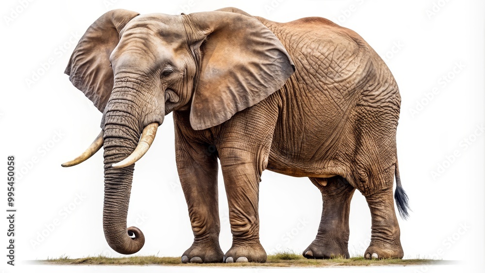 Fototapeta premium Large male african elephant walking forward on grass with flapping ears and white background