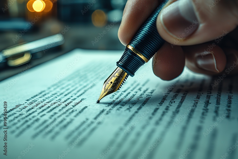 Close-up of a hand writing with a fountain pen on a book. Close-up of a hand writing with a fountain pen on a book.