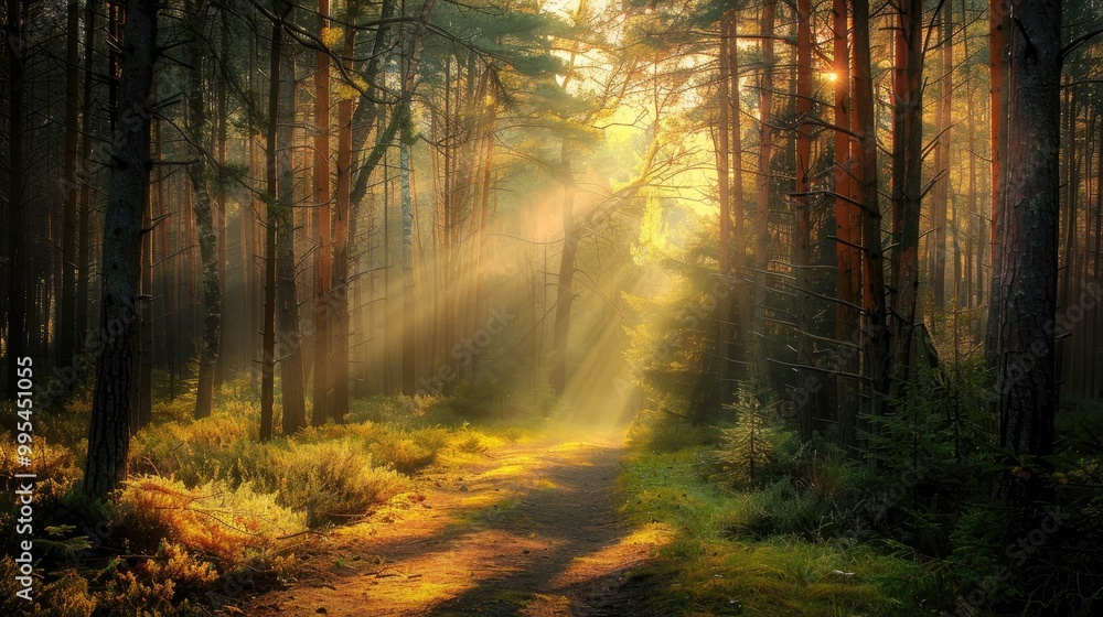 Obraz premium Sunlight filters through pine forest casting light on path
