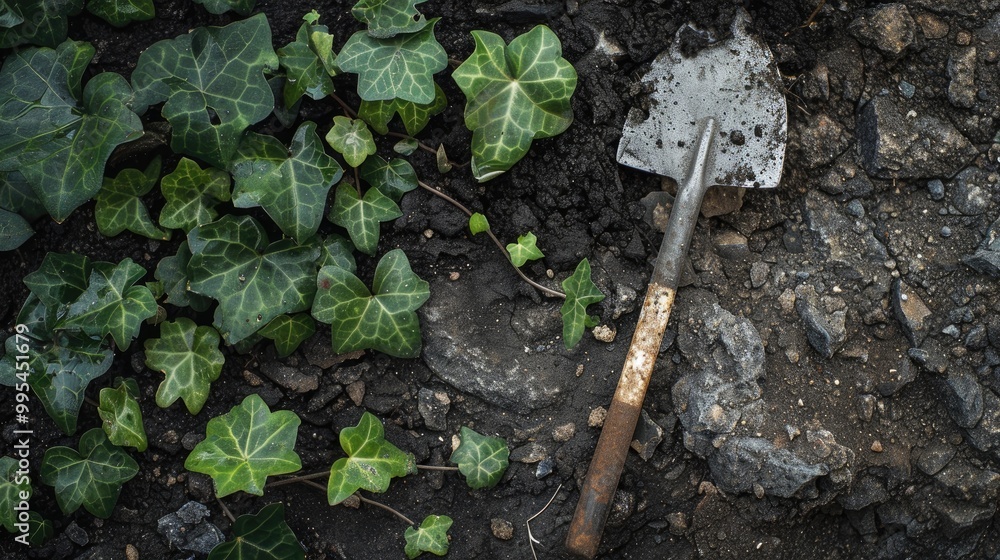Still life image of ivy plant spade and new growth with artistic focus Still life image of ivy plant spade and new growth with artistic focus