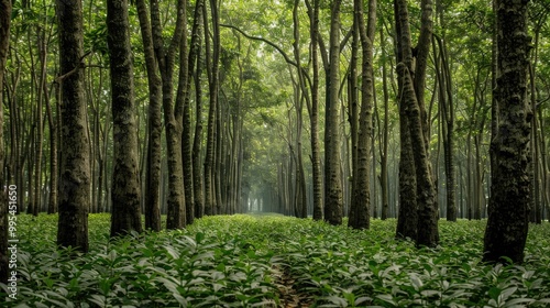 Teak tree forest adorned with green plants