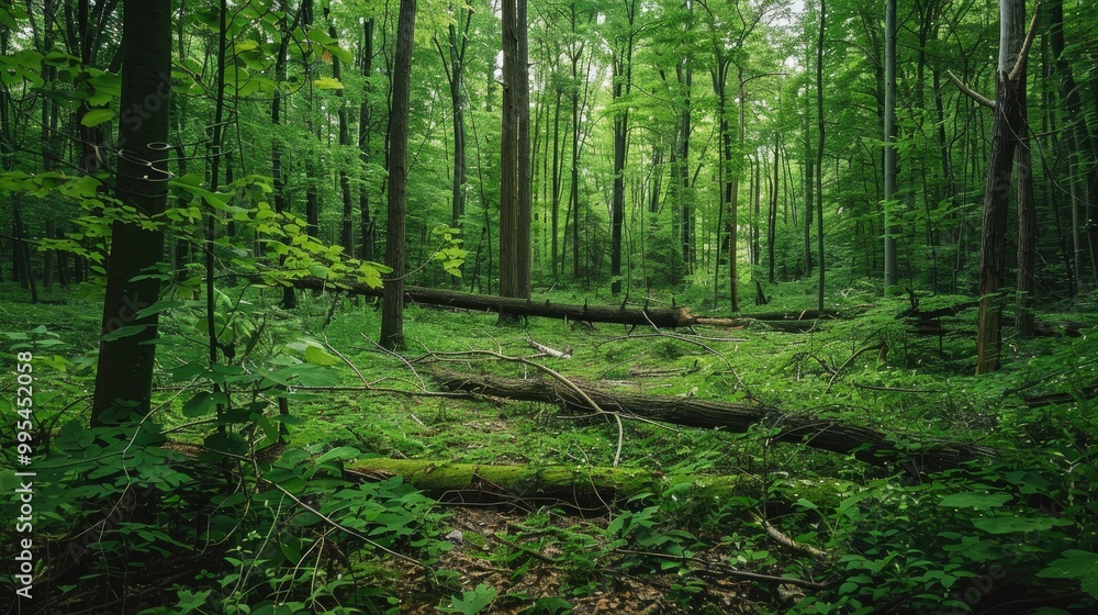 Thick forest of green with downed trees Thick forest of green with downed trees