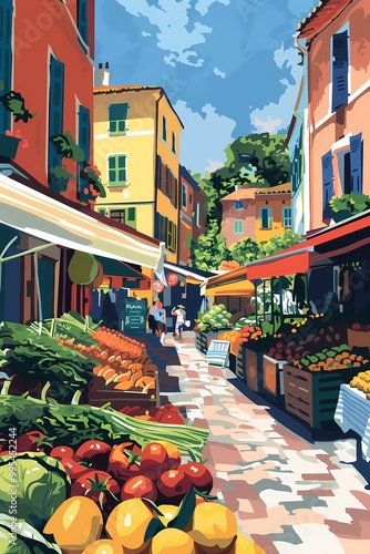 A painting of a vibrant street market with colorful vegetables and fruits photo