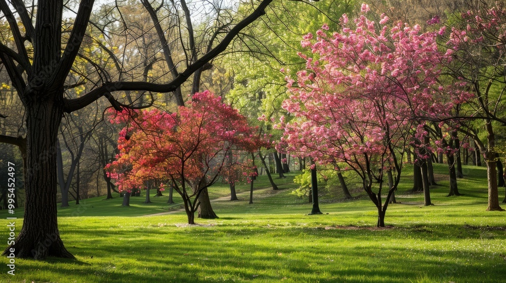 Naklejka premium Spring Trees in the Park Park s Spring Foliage
