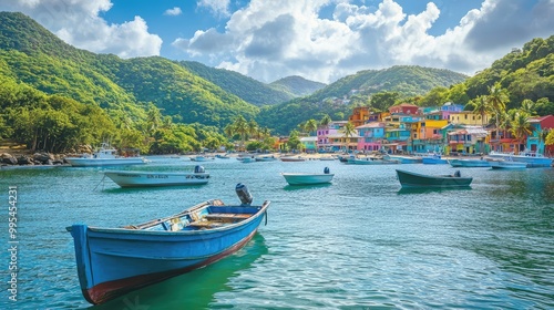 A tranquil bay with fishing boats against a backdrop of colorful hills