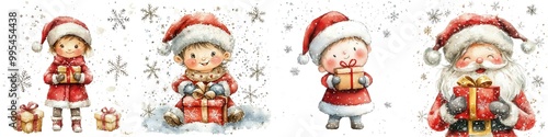 Watercolor Kid Santa, Festive cartoon characters in Christmas attire, cheerful and joyful, celebrating the holiday season with gifts and snowflakes. Isolate white background set