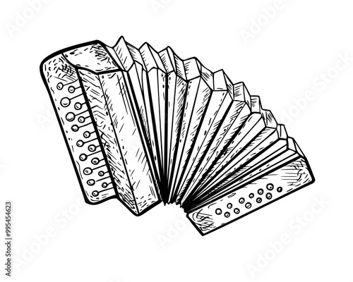 Accordion folk musical instrument black white graphic vector illustration isolated. Keyboard musical instrument monochrome line art painted for design flyer, concert events, book, festival poster.