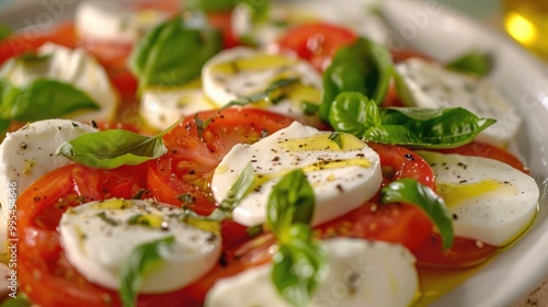 Italian style Mediterranean Caprese salad with mozzarella basil tomatoes and olive oil photo