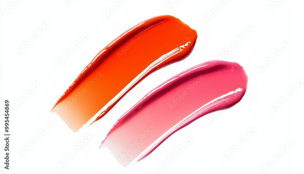 A close-up of juicy lip gloss swatches in cheerful shades of orange, watermelon, and strawberry pink, creating a bright, hydrated finish.