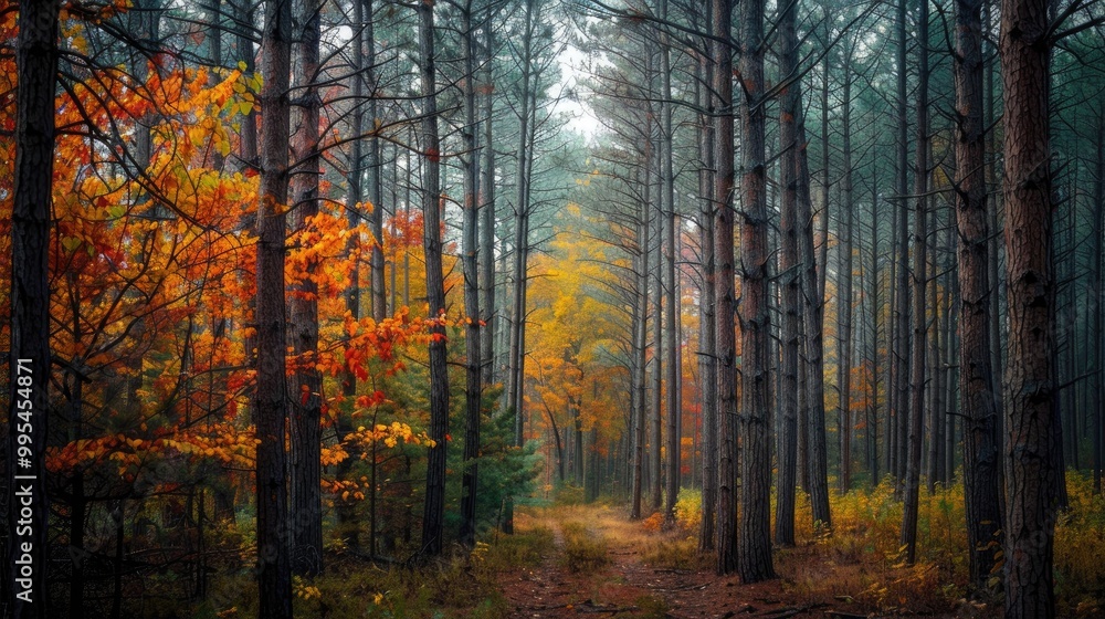 Fototapeta premium Scenic forest with tall trees and colorful leaves
