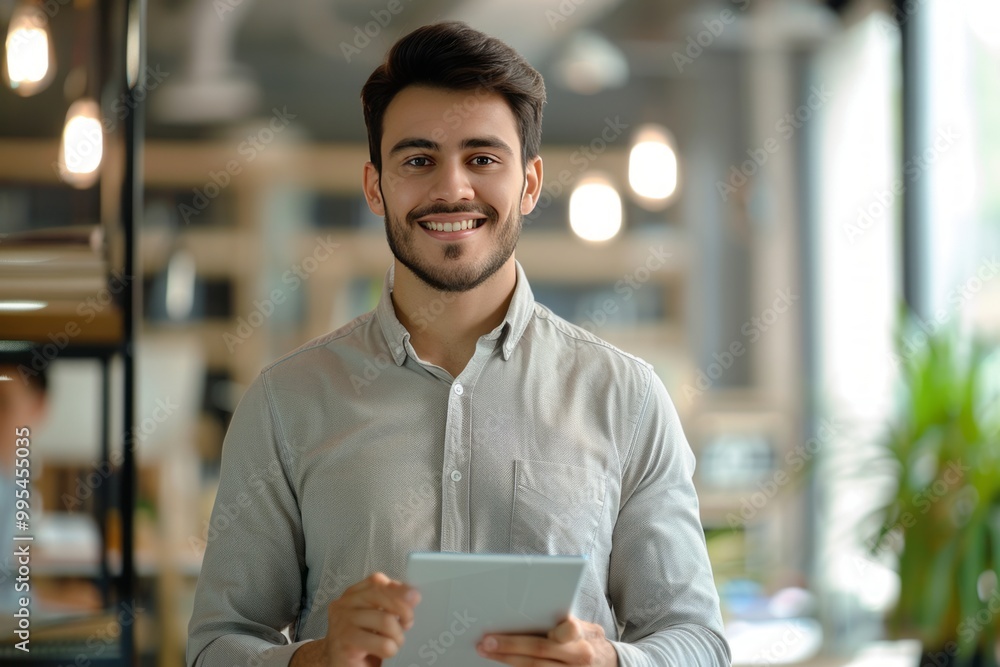 Happy young Hispanic or Latinx business man executive holding tablet at the office. , background blur Happy young Hispanic or Latinx business man executive holding tablet at the office. , background blur