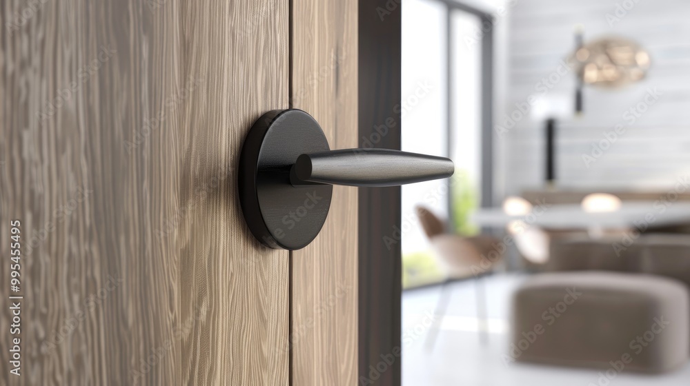 Interior close up of modern wooden door handle Interior close up of modern wooden door handle