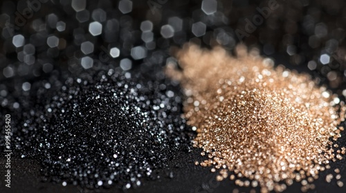 A close-up of smoky brown and champagne glitter eyeshadow swatches, blending together for a sultry, glittery smokey eye. photo