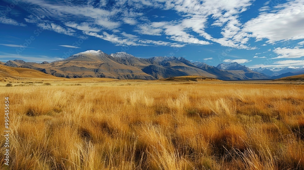 Scenic image of grassland with mountain backdrop under blue sky Scenic image of grassland with mountain backdrop under blue sky