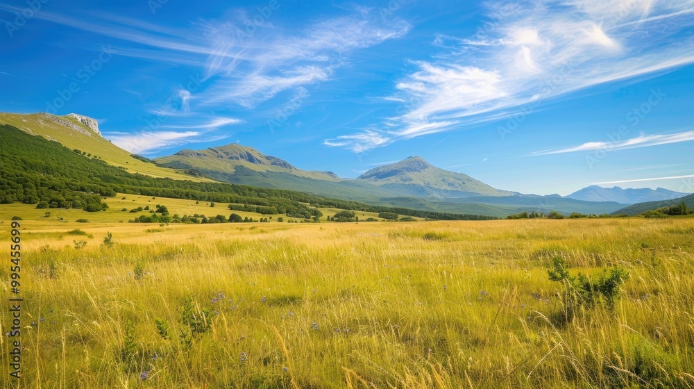 Scenic image of grassland with mountain backdrop under blue sky Scenic image of grassland with mountain backdrop under blue sky