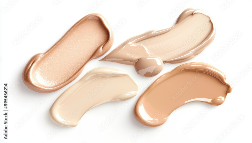 A collection of dewy foundation swatches paired with translucent setting powder, creating a glowing, glass skin base. A collection of dewy foundation swatches paired with translucent setting powder, creating a glowing, glass skin base.