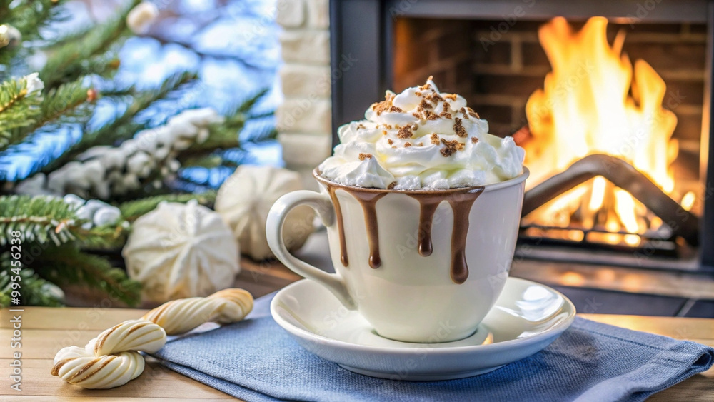Fototapeta premium Warm up with cozy cup of hot chocolate topped with fluffy whipped cream and marshmallows, perfect for winter evening by fireplace