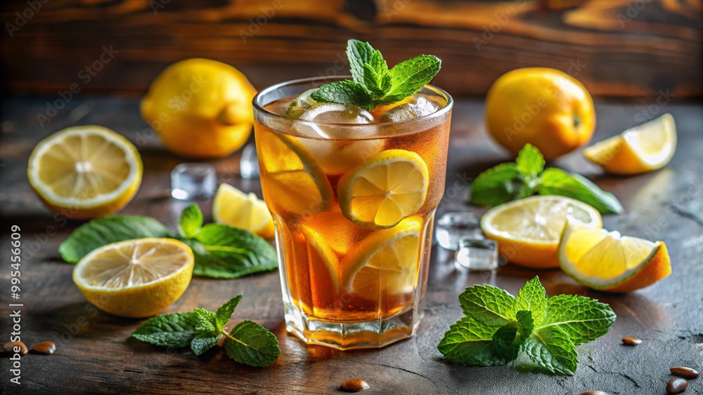 refreshing glass of iced tea with lemon slices and mint leaves, surrounded by fresh lemons and ice cubes, evokes sense of summer relaxation and enjoyment refreshing glass of iced tea with lemon slices and mint leaves, surrounded by fresh lemons and ice cubes, evokes sense of summer relaxation and enjoyment