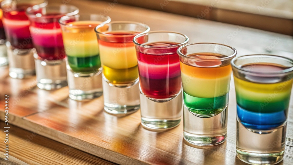 Colorful shot glasses filled with vibrant layered drinks create festive atmosphere. Each glass showcases unique blend of colors, perfect for celebrations and gatherings Colorful shot glasses filled with vibrant layered drinks create festive atmosphere. Each glass showcases unique blend of colors, perfect for celebrations and gatherings