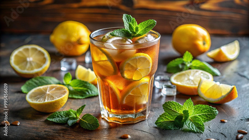 refreshing glass of iced tea with lemon slices and mint leaves, surrounded by fresh lemons and ice cubes, evokes sense of summer relaxation and enjoyment