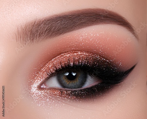 A collection of glittery black and copper eyeshadow swatches, paired with deep eyeliner shades to complete the bold smokey look. photo