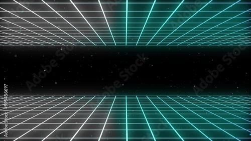 retro background inspired by 80s and 90s retro futurism, featuring a sci-fi wireframe grid and vibrant cyber elements. Motion video seamless animation loop in Ultra HD 3840x2160