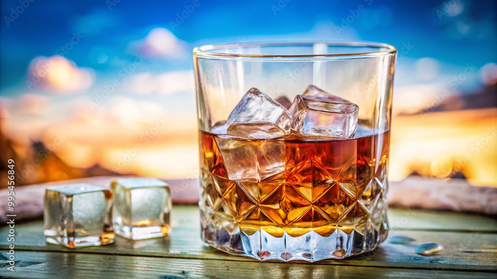 whiskey on rocks in crystal tumbler, featuring ice cubes and beautiful sunset background, evokes sense of relaxation and enjoyment whiskey on rocks in crystal tumbler, featuring ice cubes and beautiful sunset background, evokes sense of relaxation and enjoyment