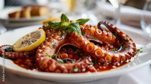 Octopus tentacles baked in tomato sauce main entree on the restaurant s menu photo