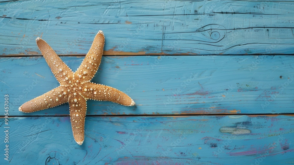 Sea star dried on blue wooden surface from above with space for text Sea star dried on blue wooden surface from above with space for text