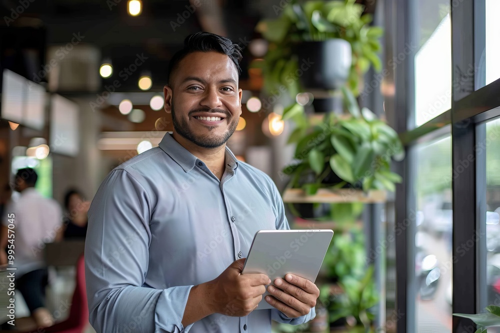 Happy young Indigenous business man executive holding tablet at the office. , background blur Happy young Indigenous business man executive holding tablet at the office. , background blur
