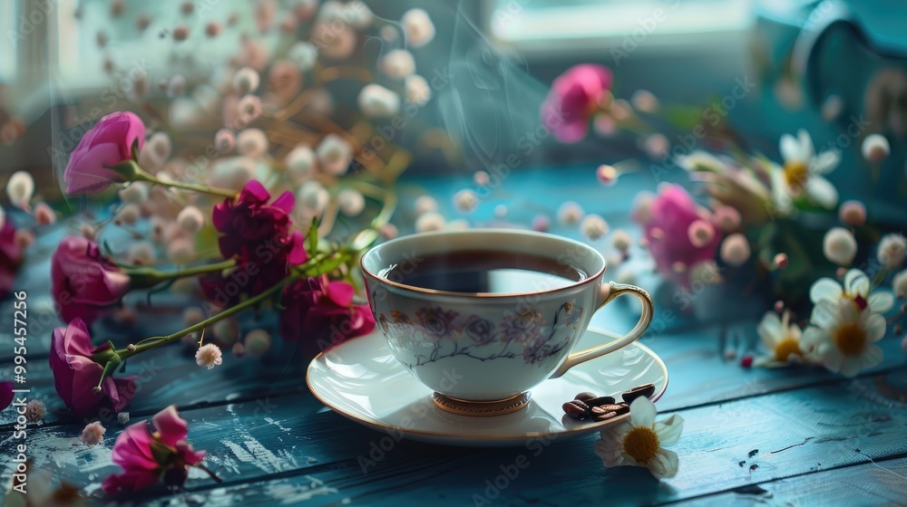 Fototapeta premium Morning Greetings with Coffee and Flowers