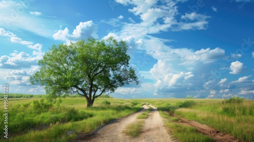 Scenic nature backdrop with blue sky green tree and dirt road