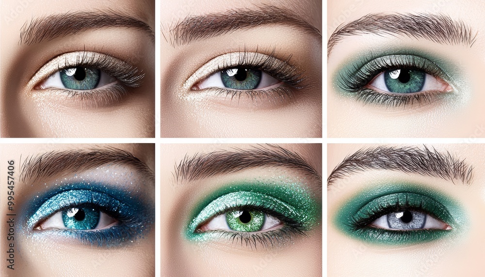 Naklejka premium A collection of metallic eyeliner swatches in Cybergem and Skylight Blue, paired with matte Escapist Green shadows for a dynamic contrast.