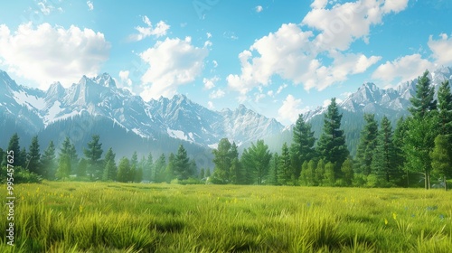 Fototapeta Naklejka Na Ścianę i Meble -  Scenic landscape with grassland forest mountains and sky