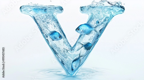 artistic letter V showcases a stunning glass design, seamlessly blending with clear water and small fish swimming inside, creating a refreshing and unique aesthetic. photo