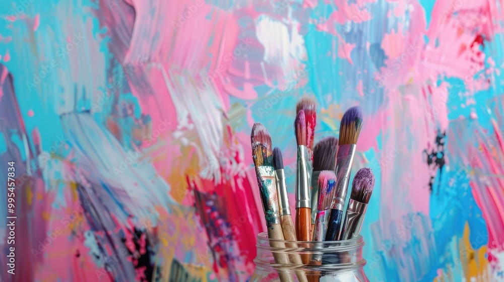 Fototapeta premium Paintbrushes and various colors in glass jar on table with colorful backdrop Text space