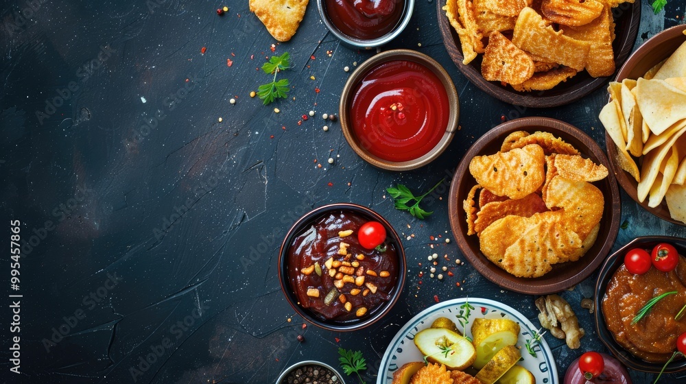 Snacks with sauce on dark table from above Snacks with sauce on dark table from above