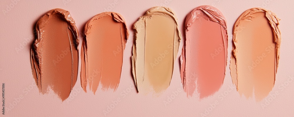 A collection of power berry lipstick swatches and neutral brown contour swatches, arranged to show their rich, creamy textures.